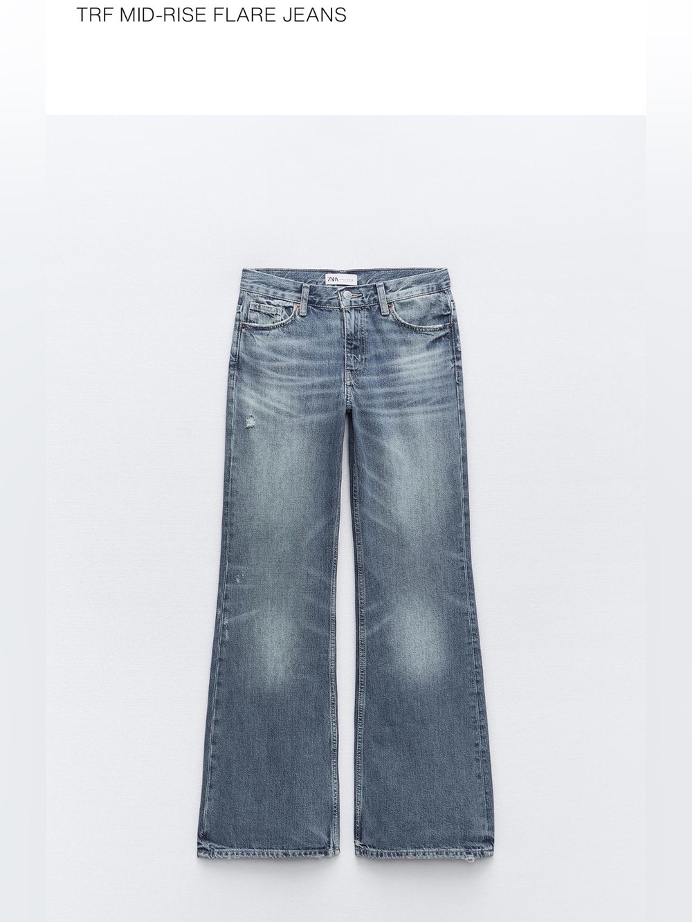ZARA TRF Mid-Rise Flare Jeans Blue Distressed Size 6